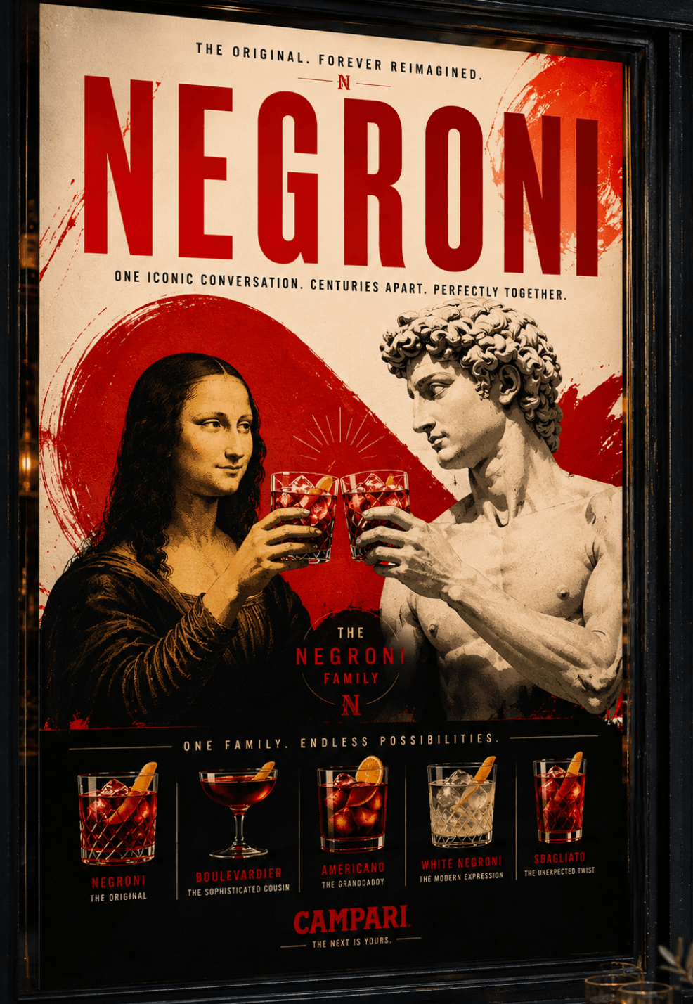 Negroni campaign proposal for Campari by Miroslavo — Mona Lisa and David toasting over the Negroni family