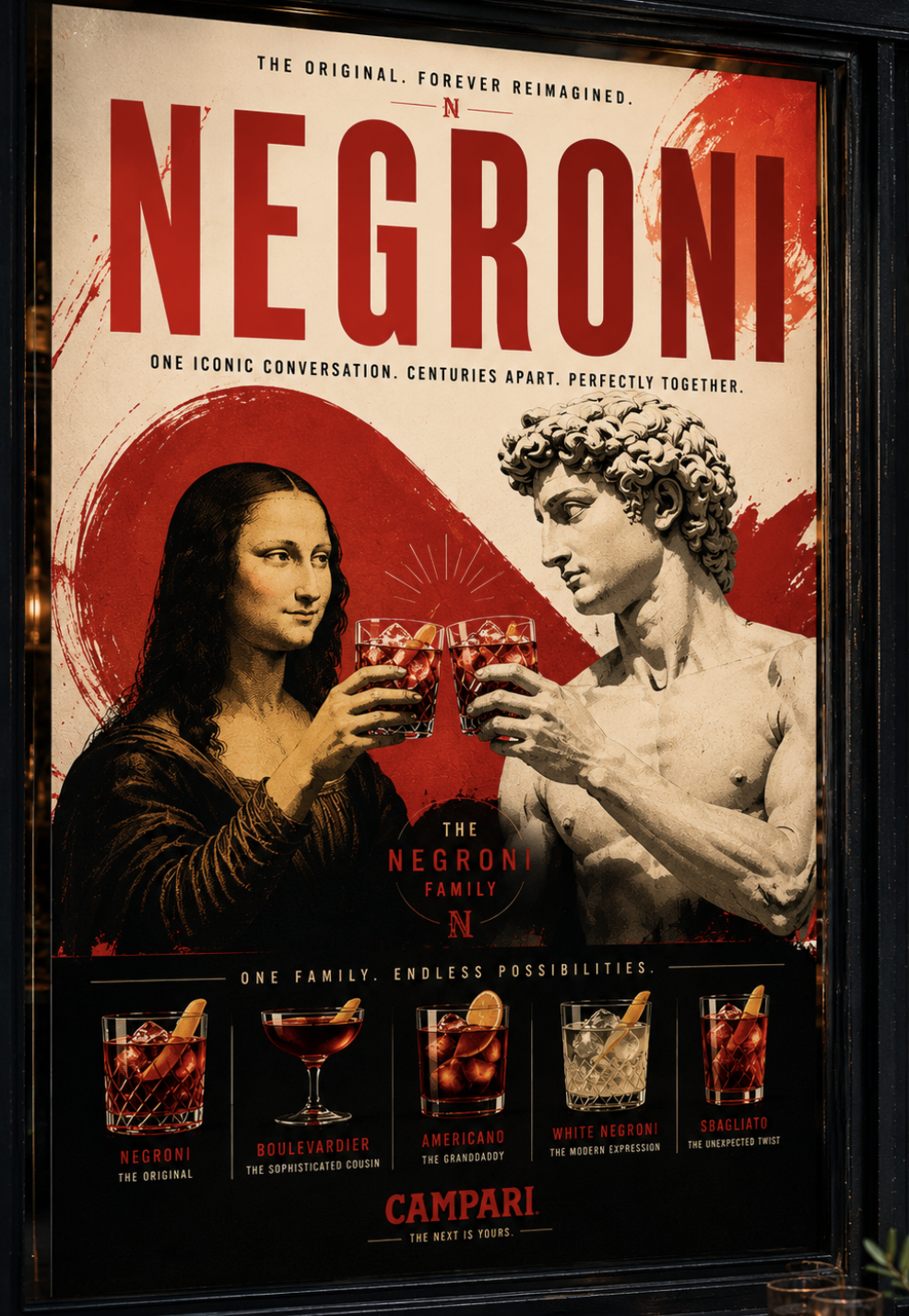 Negroni campaign proposal for Campari by Miroslavo — Mona Lisa and David toasting over the Negroni family