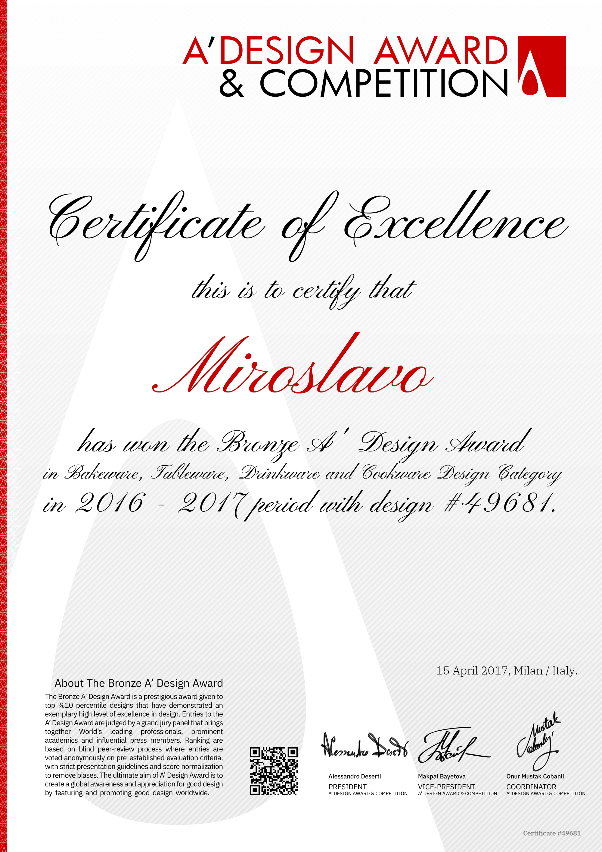 Certificate of Excellence in Kitchenware