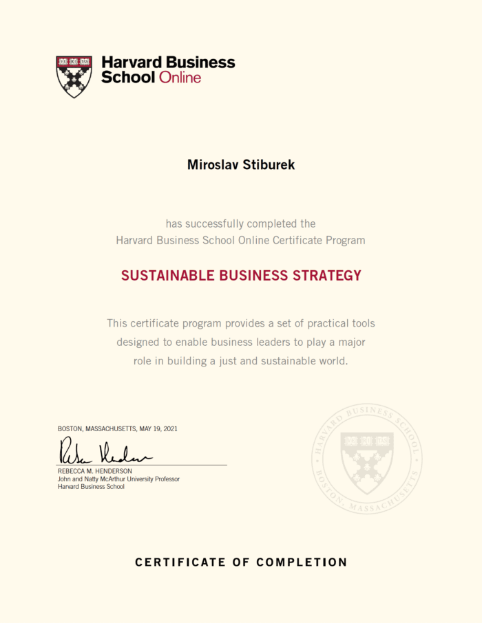 Harvard Business School Online certificate for Miroslav Stiburek.