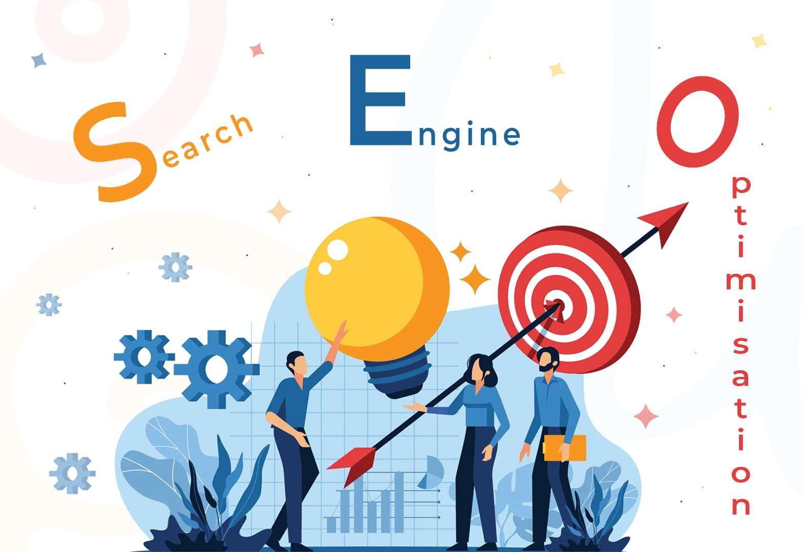 A creative image showing people making a SEO analysis and planning surrounded by a light bulb and a target, as well as the letters S-E-O and subsequent meaning drawn in an illustrative and artistic way.