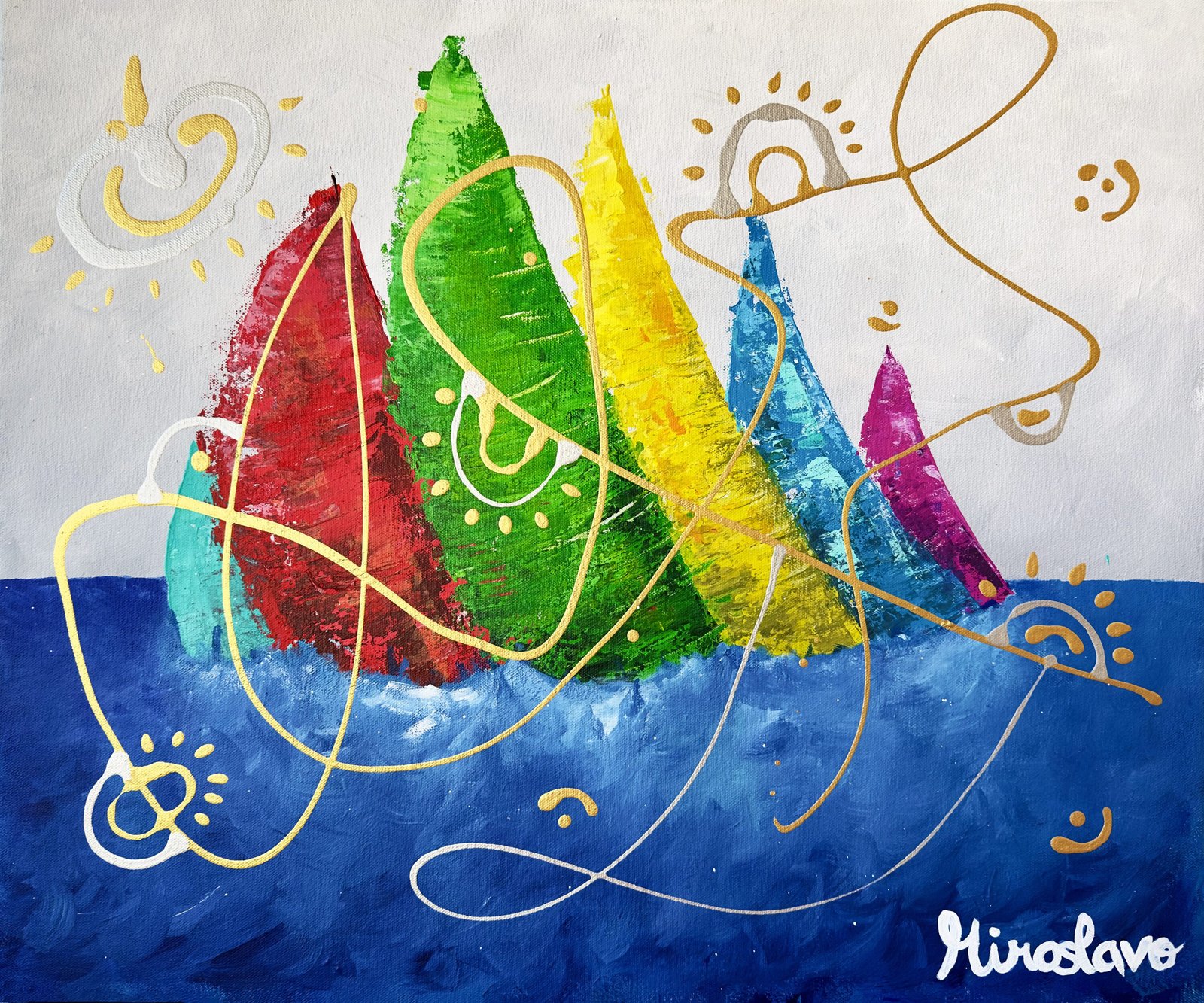Exploring the Allure of Sailboat Paintings: A Dive into Abstract, Colourful Representations 3 sailing with friends miroslavo abstract boat painting