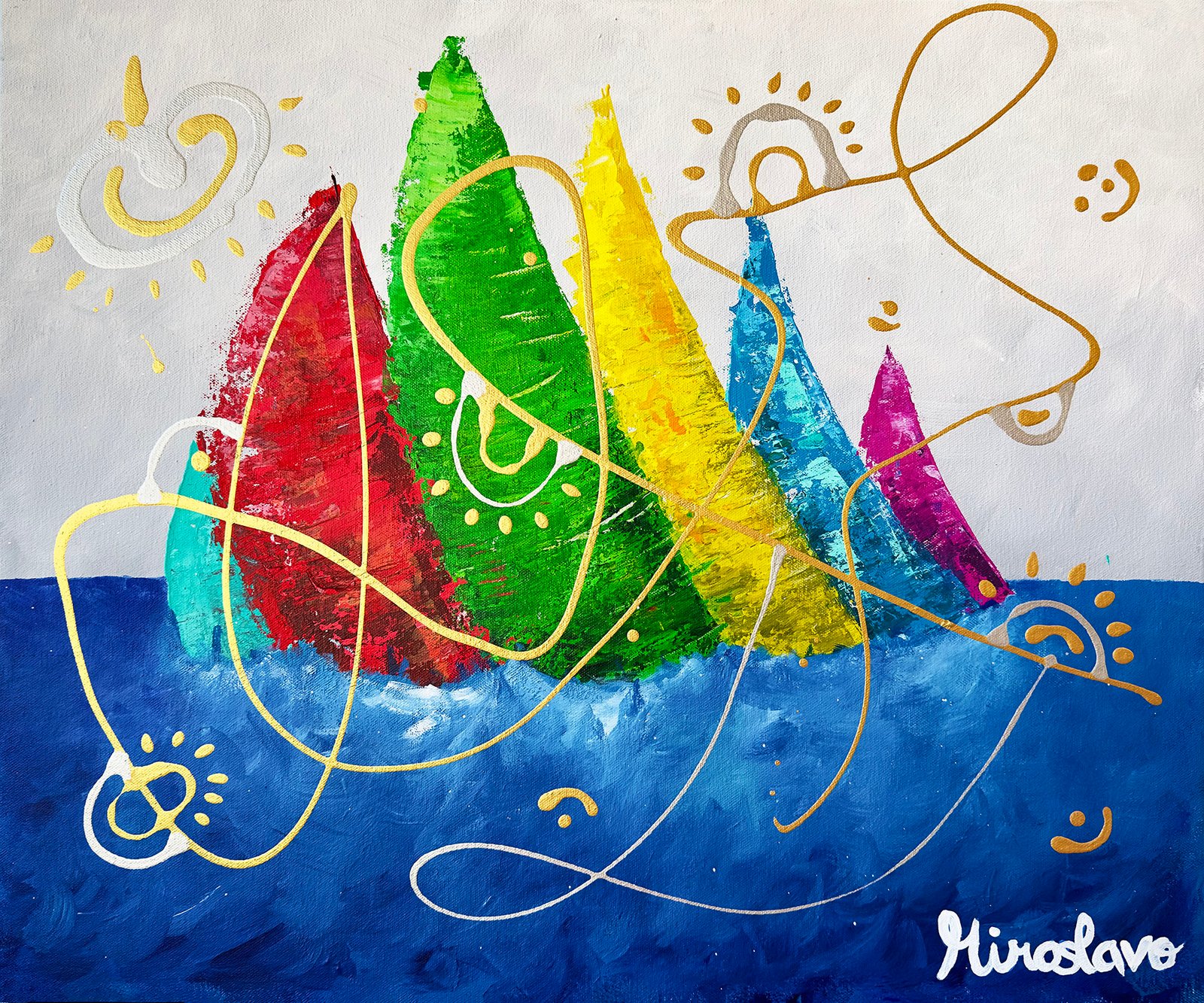 sailing with friends miroslavo abstract boat painting art