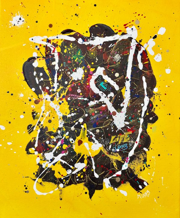 Abstract painting about denial with yellow background and abstracted face in the middle.